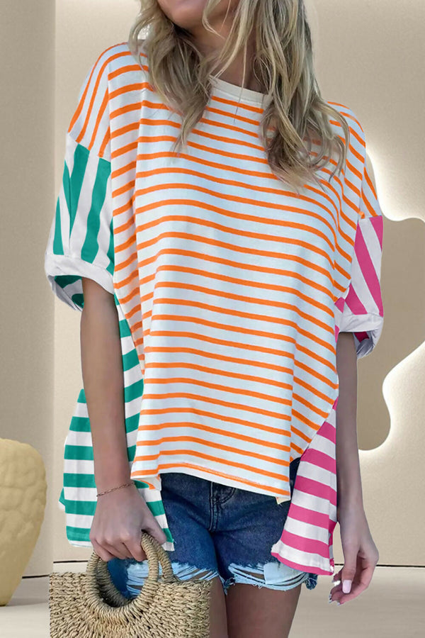 Contrast Colored Striped High-Low T-Shirt