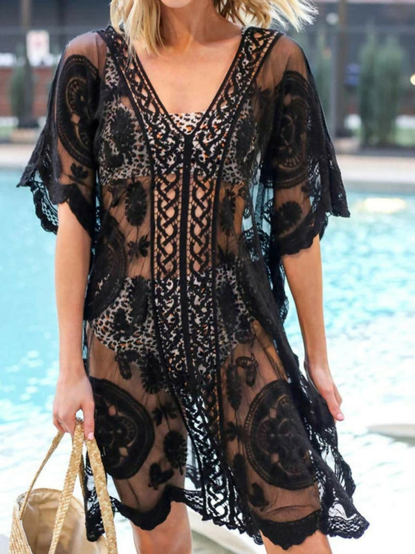 Caftan Lace V-Neck Half Sleeve Cover-Up