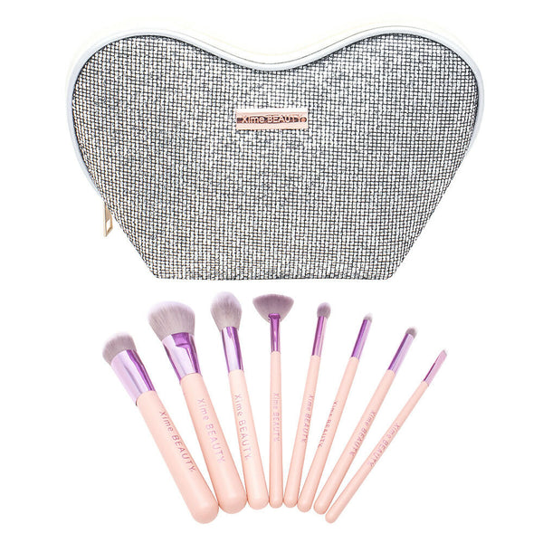 BEAUTY HEART SHAPED SPARKLING ZIPPER COSMETIC BAG WITH BRUSH SET