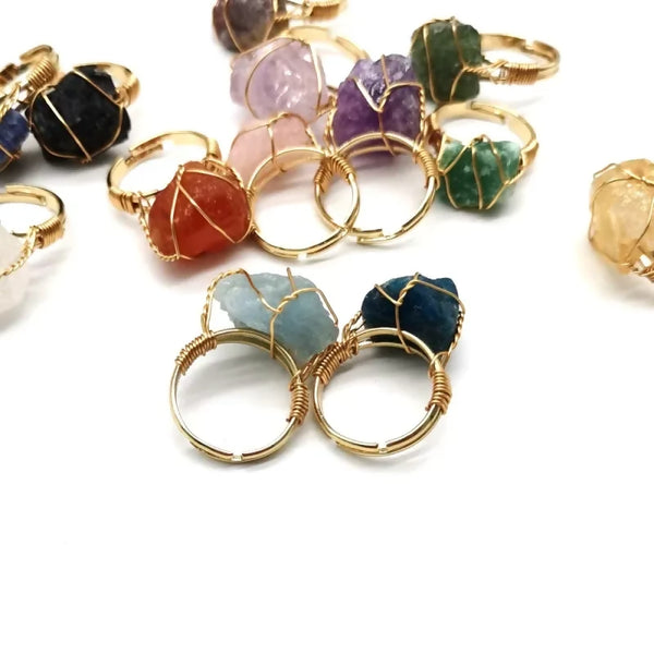 Hand wrapped Quartz stone ring collection