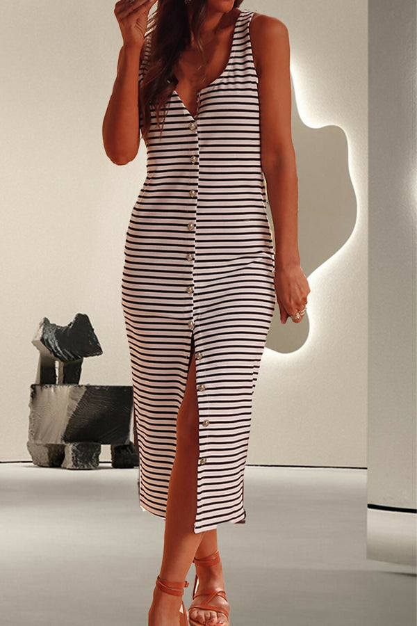 Button Front Striped Midi Dress