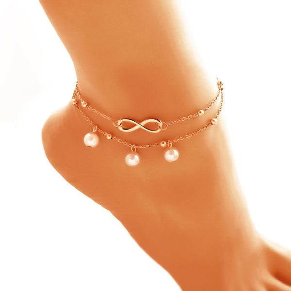 Alloy Anklet - infinity-shaped double-layer of pearls